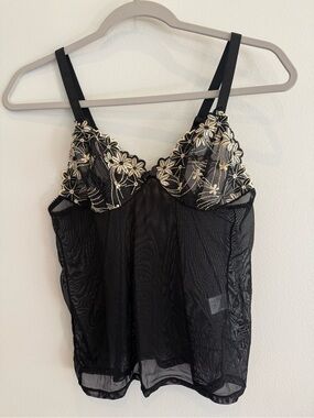 Sheer Mesh Black Lace-Trim Cami, Cream Floral Embroidery Adjustable Straps Med